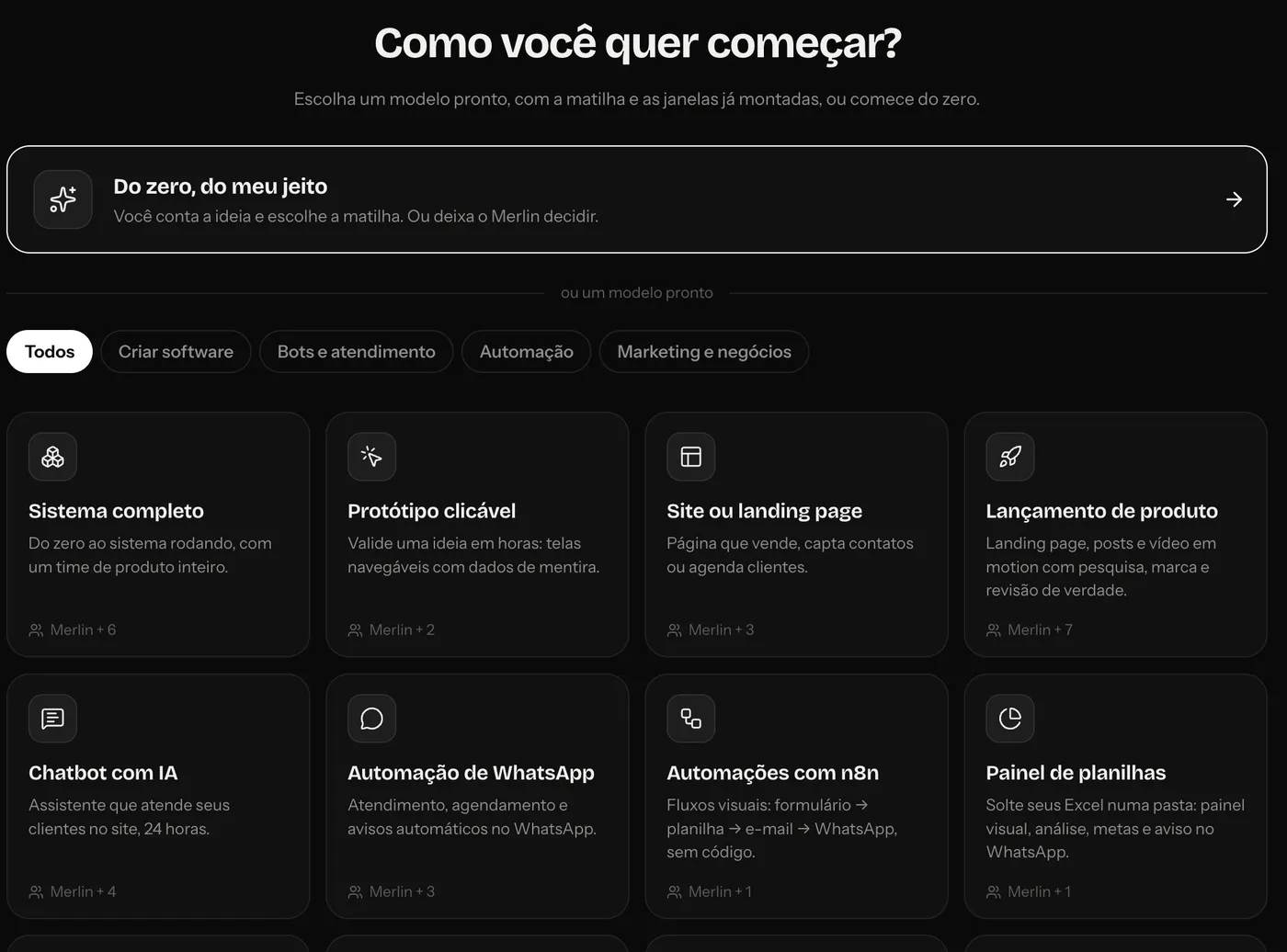 Tela “Como você quer começar?” com os cartões de modelos de projeto