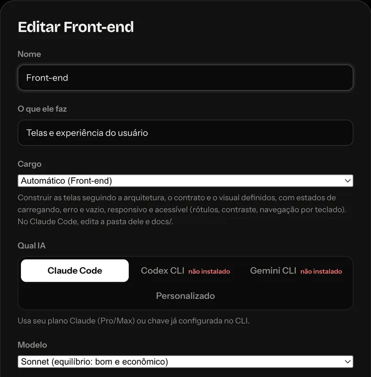 Editar um agente: nome, cargo e modelo