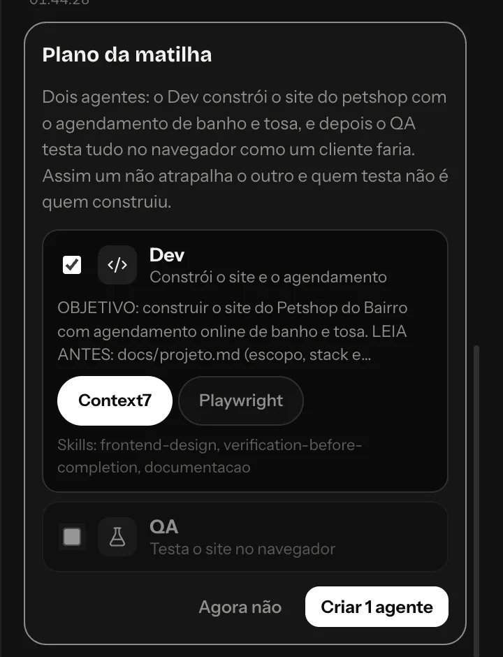 Plano da matilha com interruptores por agente e o botão de criar